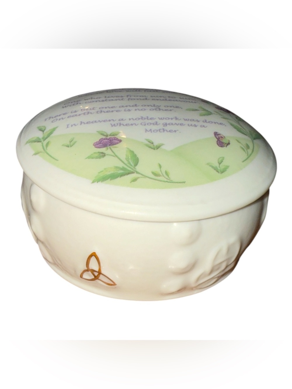 Belleek Ireland Mother Poem Trinket Box Floral Butterfly Shamrock Porcelain